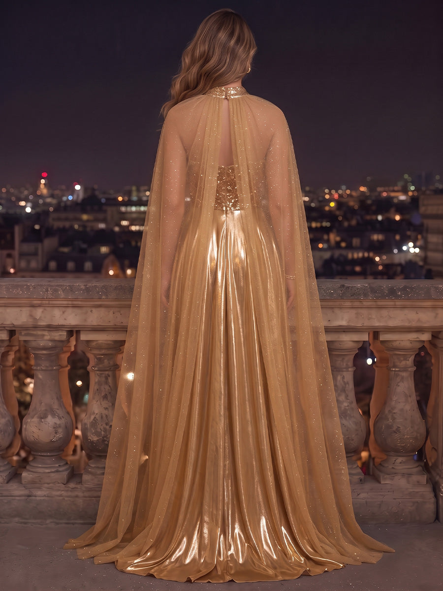 Sequin Evening Dresses A Line High Neck Floor Length Slit with Cape