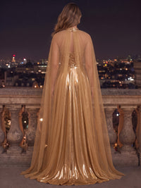 Sequin Evening Dresses A Line High Neck Floor Length Slit with Cape