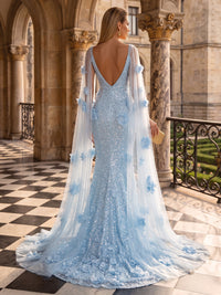 Sequin Evening Dresses Mermaid/Sheath Scoop Neck Sleeveless Floor Length 3D Flowers with Cape
