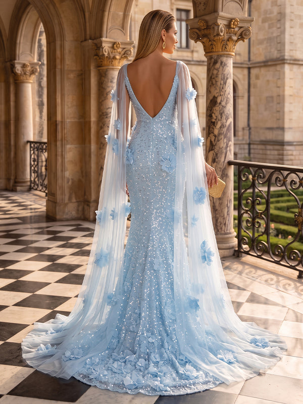 Sequin Evening Dresses Mermaid/Sheath Scoop Neck Sleeveless Floor Length 3D Flowers with Cape