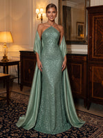 Sequin Evening Dresses Sheath/Mermaid Halter Sleeveless Floor Length with Cape