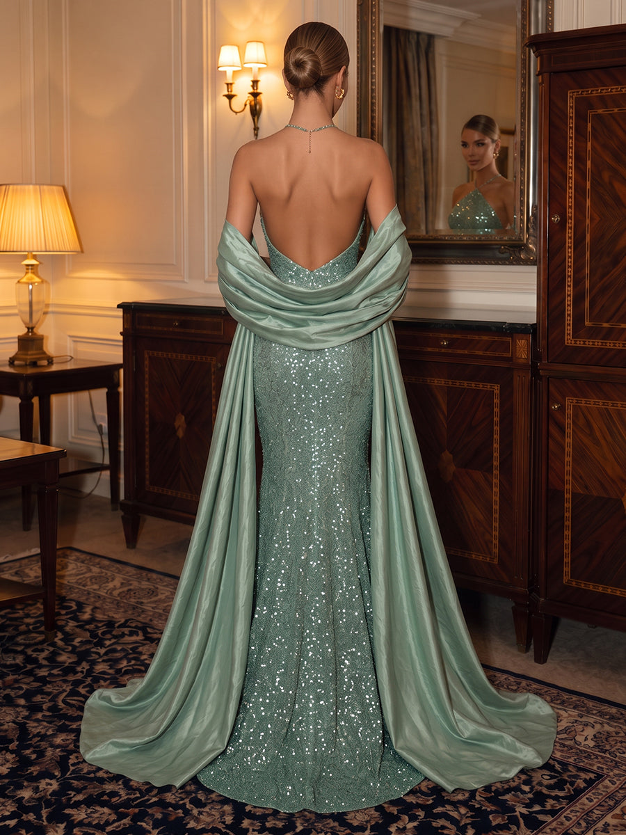 Sequin Evening Dresses Sheath/Mermaid Halter Sleeveless Floor Length with Cape