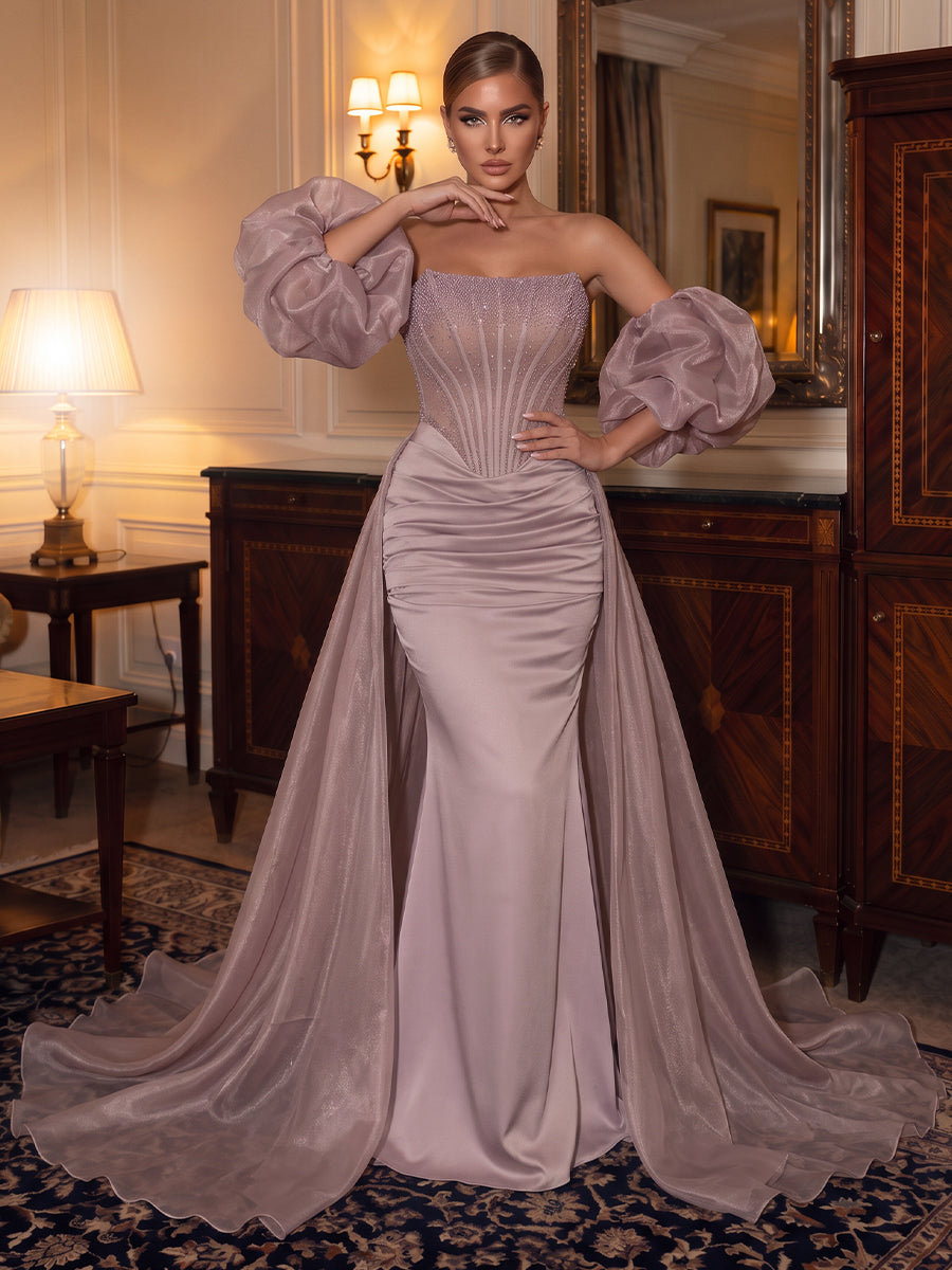 Organza Evening Dresses A Line Strapless Puff Sleeves Floor Length with Train