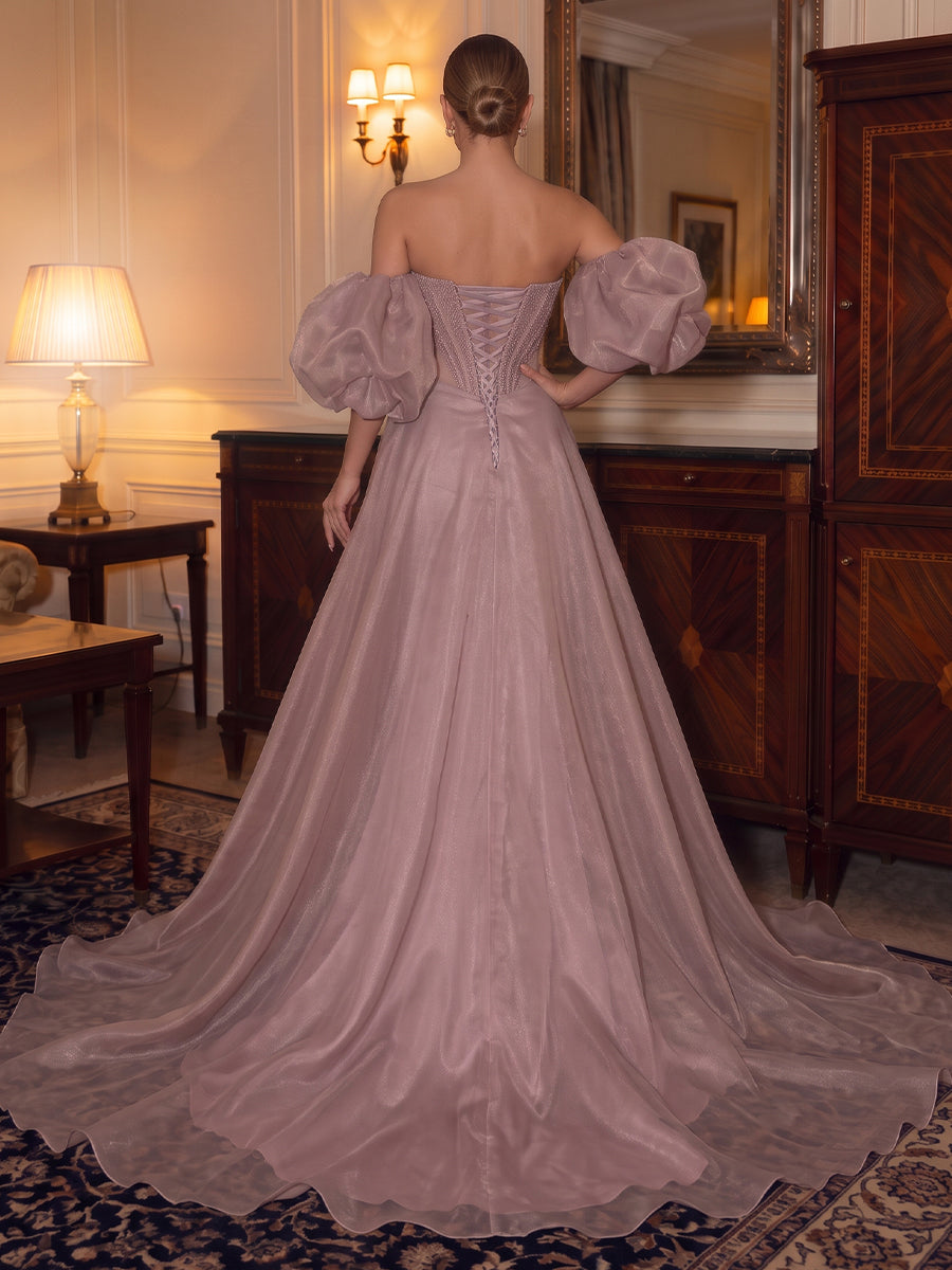 Organza Evening Dresses A Line Strapless Puff Sleeves Floor Length with Train