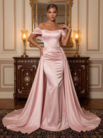 Satin Evening Dresses A Line Off the Shoulder Sleeveless with Train