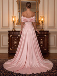 Satin Evening Dresses A Line Off the Shoulder Sleeveless with Train