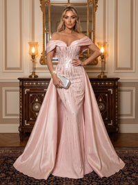 Sequin Evening Dresses A Line Off the Shoulder Floor Length with Train