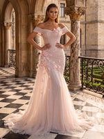 Shimmer Tulle Evening Dresses Mermaid/Sheath Off the Shoulder Floor Length 3D Flowers with Train