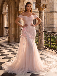 Shimmer Tulle Evening Dresses Mermaid/Sheath Off the Shoulder Floor Length 3D Flowers with Train