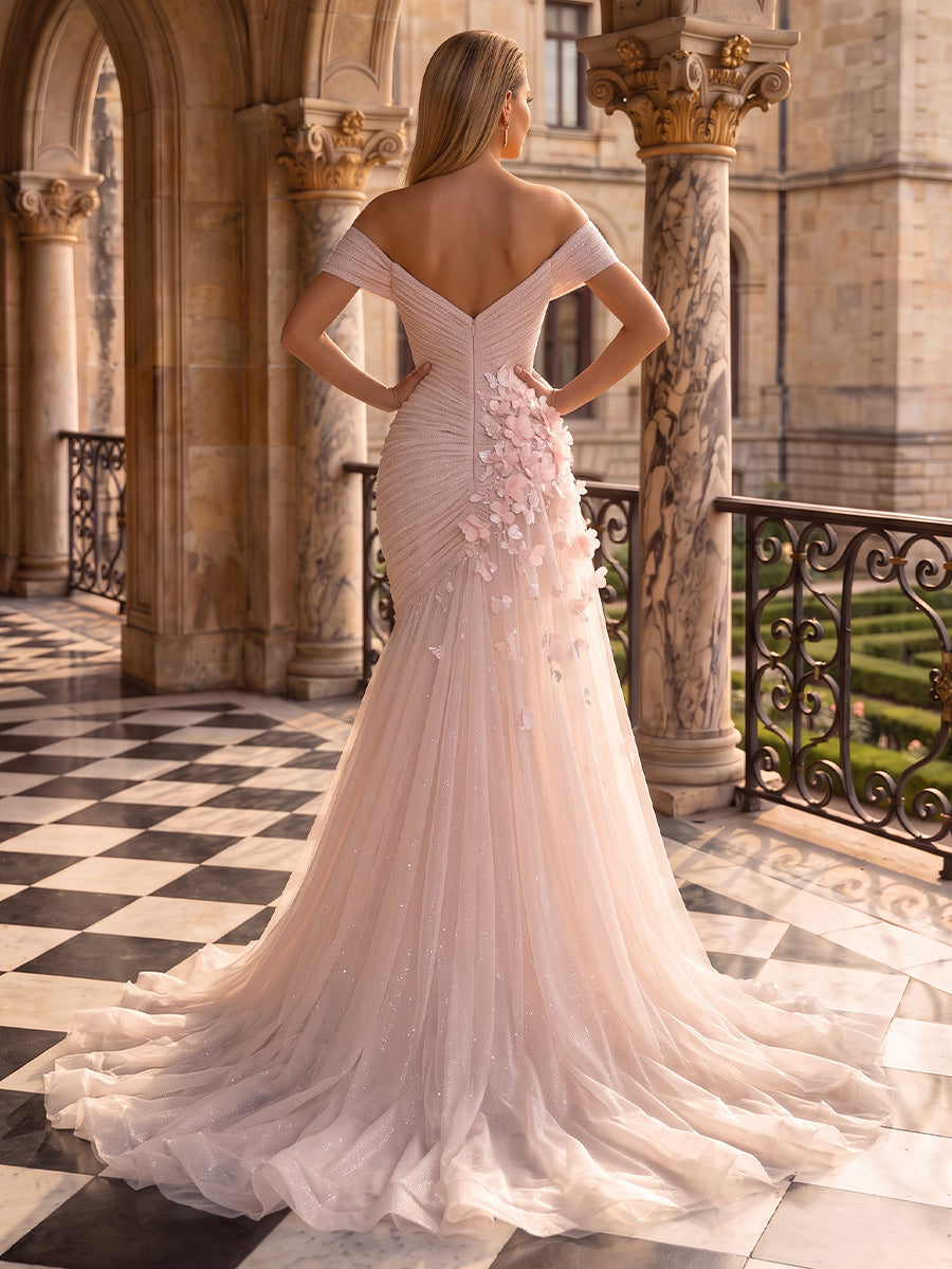 Shimmer Tulle Evening Dresses Mermaid/Sheath Off the Shoulder Floor Length 3D Flowers with Train
