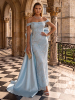 Sequin Evening Dresses A Line Off the Shoulder Sleeveless with Bow