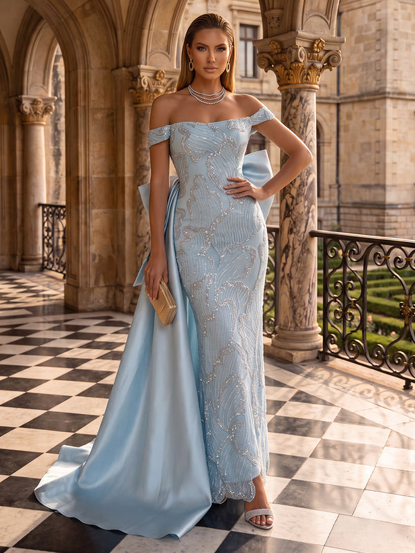 Sequin Evening Dresses A Line Off the Shoulder Sleeveless with Bow