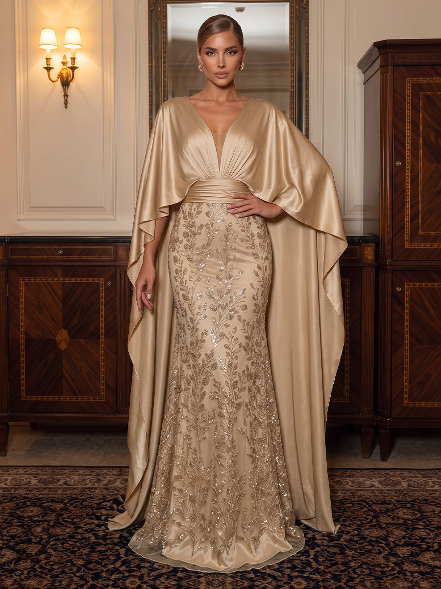 Sequin Evening Dresses Mermaid/Sheath V Neck Cape Sleeves Floor Length