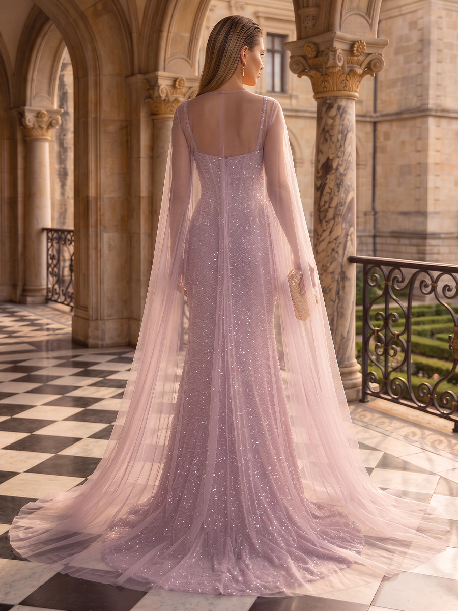 Sequin Evening Dresses Sheath/Mermaid Sweetheart Sleeveless Floor Length Corset with cape