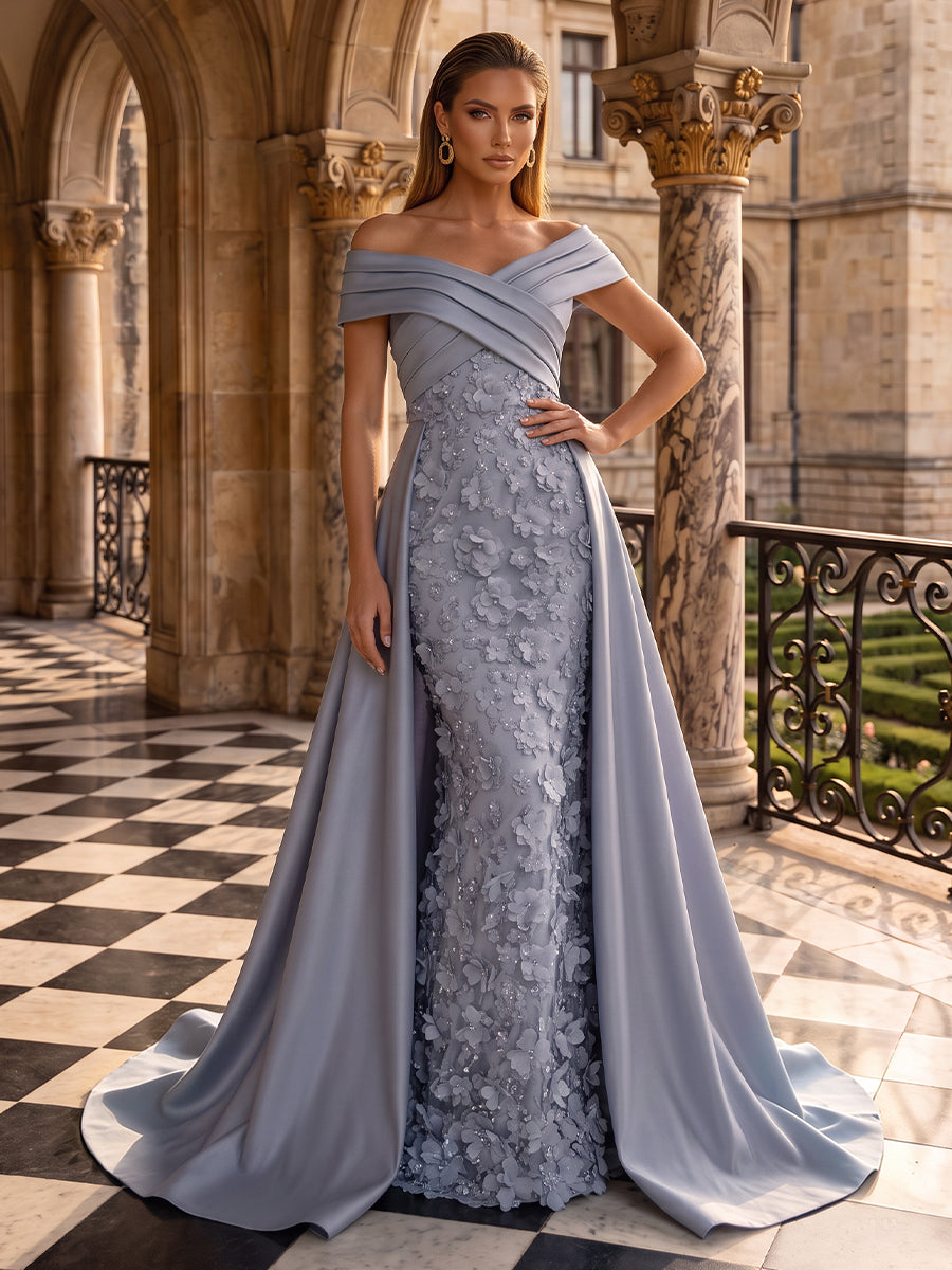 Floral Lace Appliques Evening Dresses A Line Off the Shoulder Sleeveless Floor Length Pleated