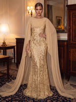 Sequin Evening Dresses Sheath/Mermaid Scoop Neck Cape Sleeves Floor Length Ruched