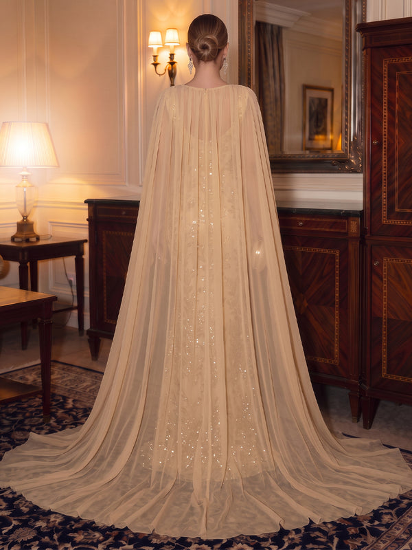 Sequin Evening Dresses Sheath/Mermaid Scoop Neck Cape Sleeves Floor Length Ruched