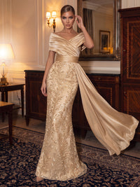 Sequin Evening Dresses Mermaid/Sheath Off the Shoulder Sleeveless Floor Length Pleated