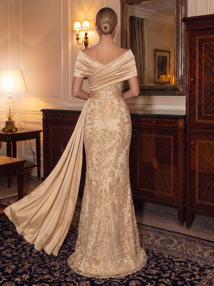Sequin Evening Dresses Mermaid/Sheath Off the Shoulder Sleeveless Floor Length Pleated