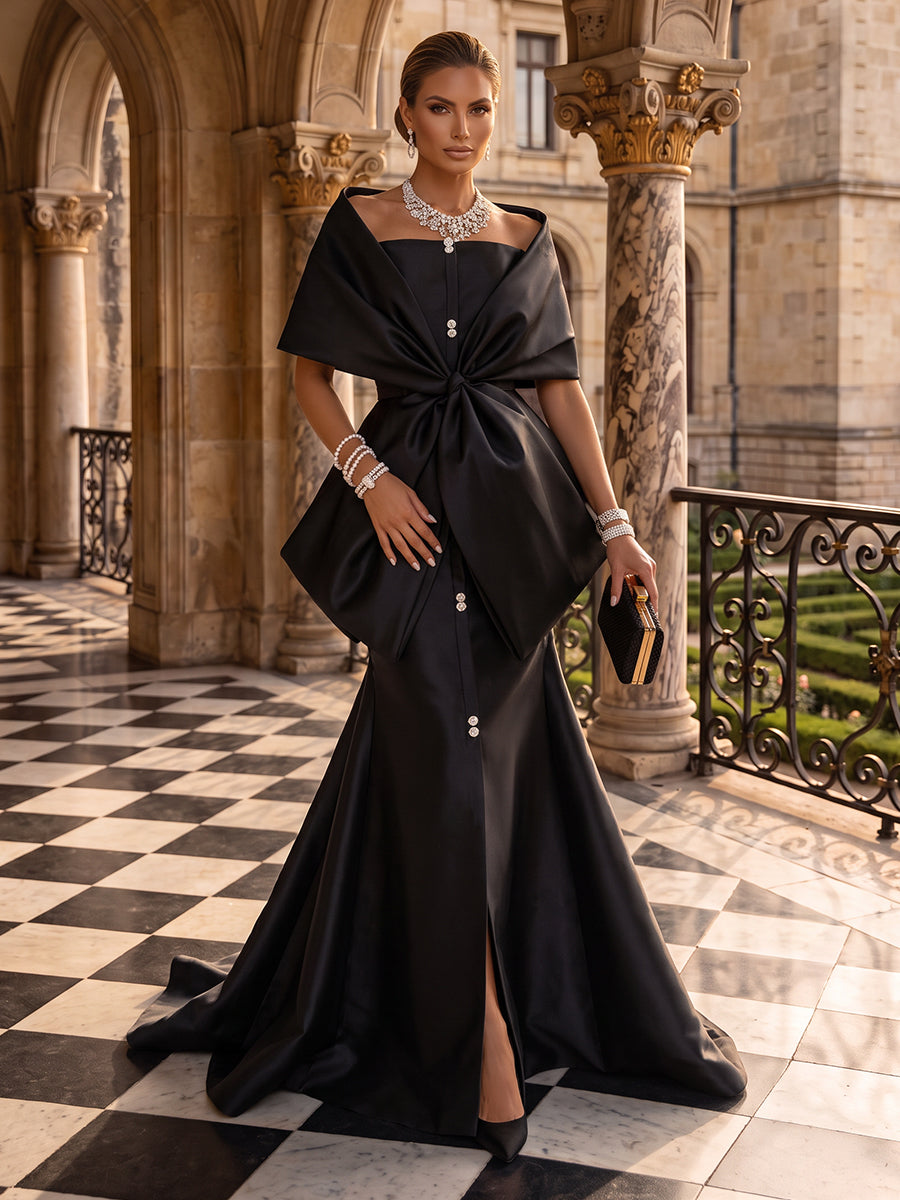 Satin Evening Dresses Mermaid Off the Shoulder Short Sleeves Floor Length with Slit