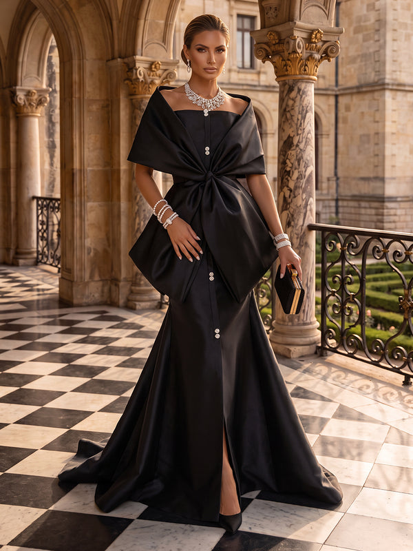 Satin Evening Dresses Mermaid Off the Shoulder Short Sleeves Floor Length with Slit