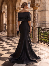 Satin Evening Dresses Mermaid Off the Shoulder Short Sleeves Floor Length with Slit