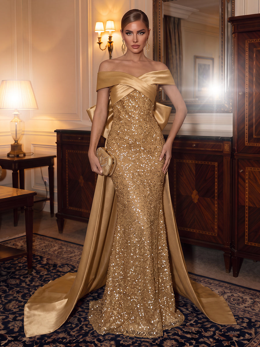 Sequin Evening Dresses A Line Off the Shoulder Floor Length Bow with Train Pleated