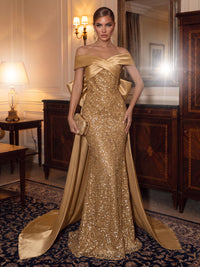 Sequin Evening Dresses A Line Off the Shoulder Floor Length Bow with Train Pleated