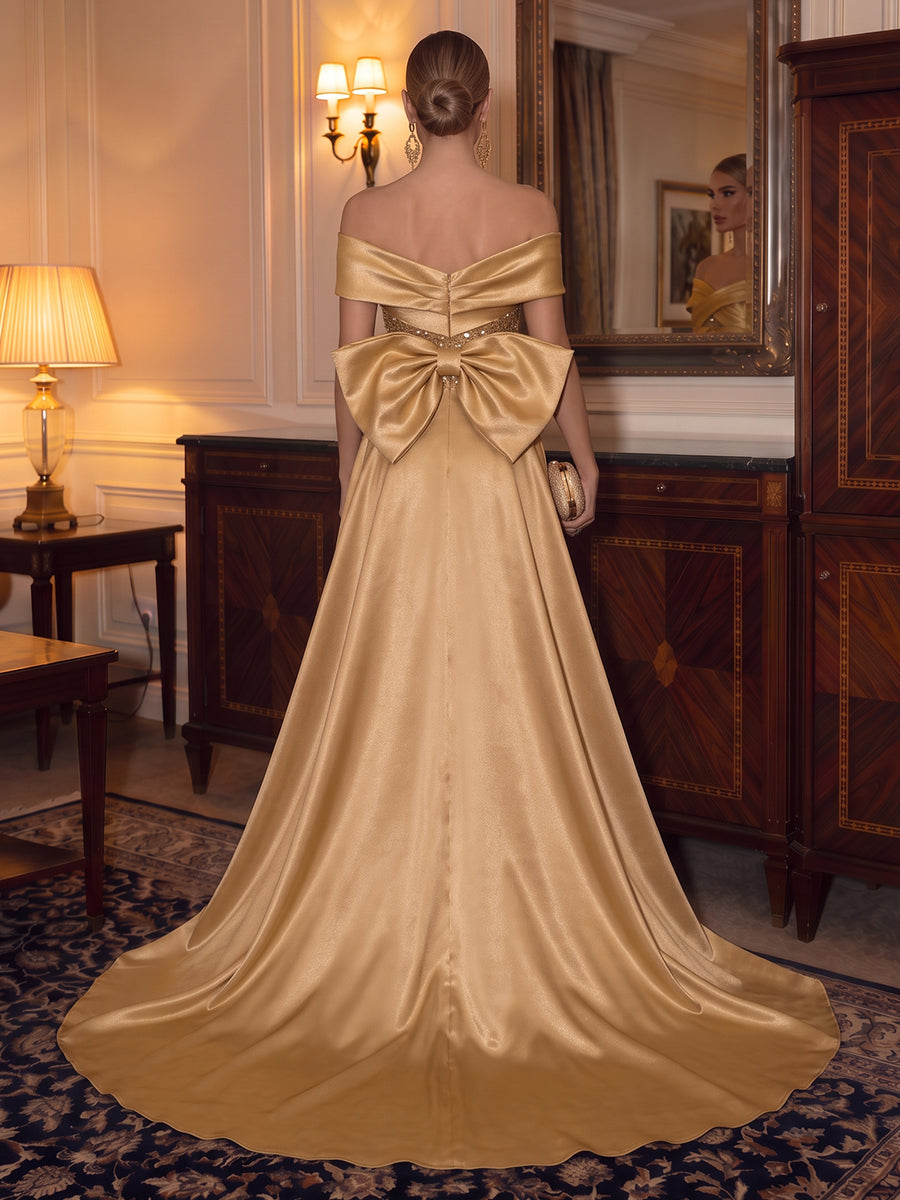 Sequin Evening Dresses A Line Off the Shoulder Floor Length Bow with Train Pleated