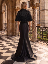 3D Flowers Satin Evening Dresses Mermaid/Sheath High Neck Cape Sleeves Floor Length