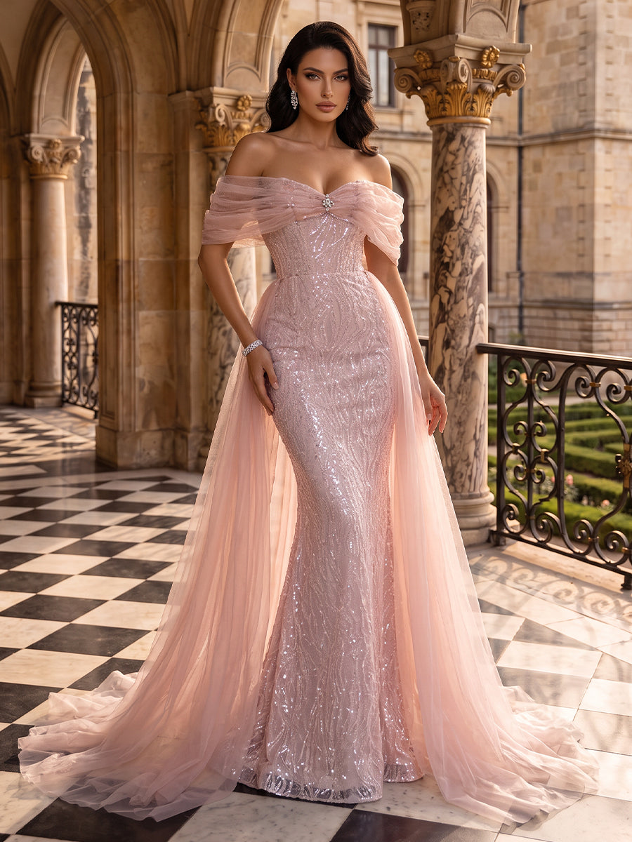 Sequin Evening Dresses A Line Off the Shoulder Sleeveless with Train