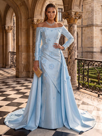 Floral Satin Evening Dresses A Line Off the Shoulder Long Sleeves Floor Length with Train