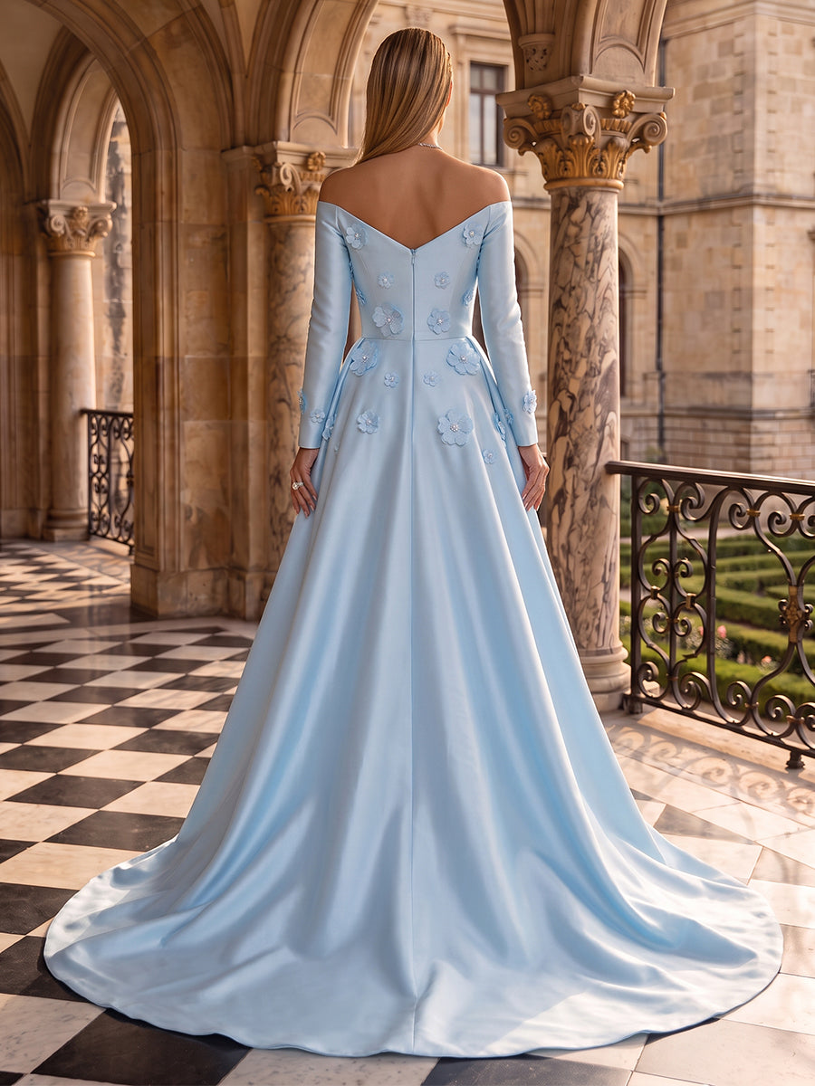 Floral Satin Evening Dresses A Line Off the Shoulder Long Sleeves Floor Length with Train