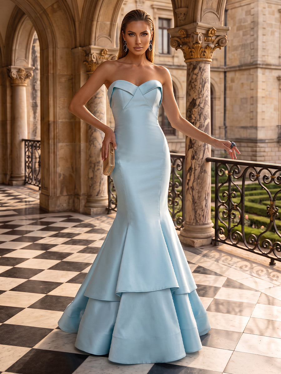 Satin Evening Dresses Mermaid/Sheath Strapless Sleeveless Floor Length Tiered