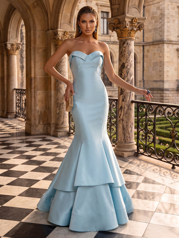 Satin Evening Dresses Mermaid/Sheath Strapless Sleeveless Floor Length Tiered