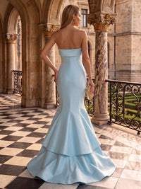 Satin Evening Dresses Mermaid/Sheath Strapless Sleeveless Floor Length Tiered