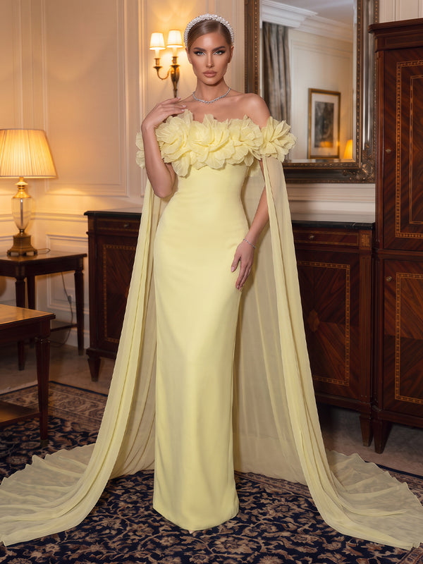 Floral Satin Evening Dresses Mermaid/Sheath Off the Shoulder Sleeveless with Cape
