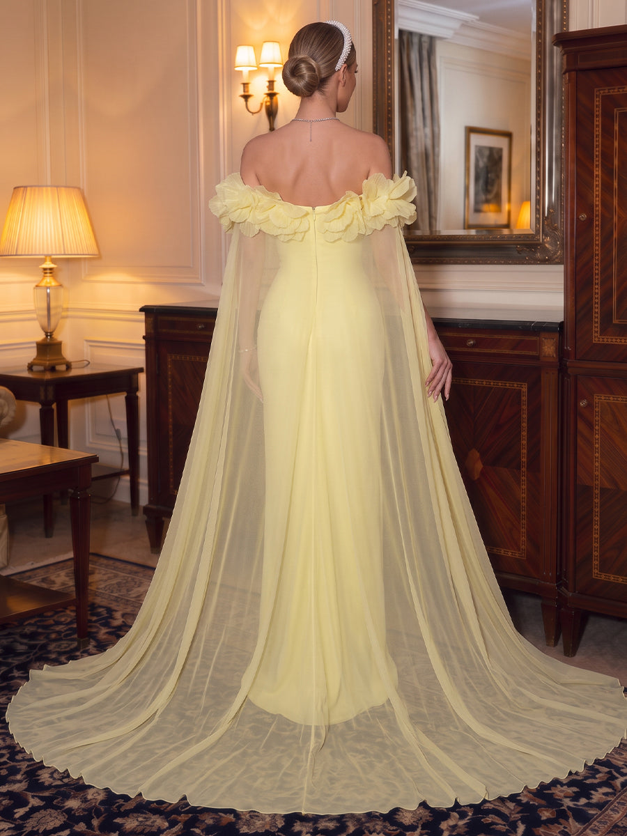Floral Satin Evening Dresses Mermaid/Sheath Off the Shoulder Sleeveless with Cape