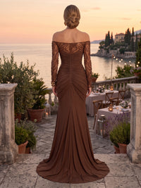 Chiffon Evening Dresses Sheath/Mermaid Off the Shoulder Long Sleeves Floor Length Ruched with Slit for Party