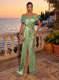 Sequin Evening Dresses Mermaid/Sheath Off the Shoulder Sleeveless Floor Length Ruched with Slit for Party