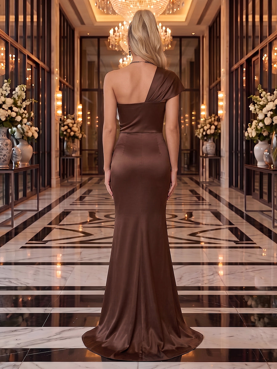 Satin Evening Dresses Sheath/Mermaid One Shoulder Sleeveless Floor Length Formal Dresses