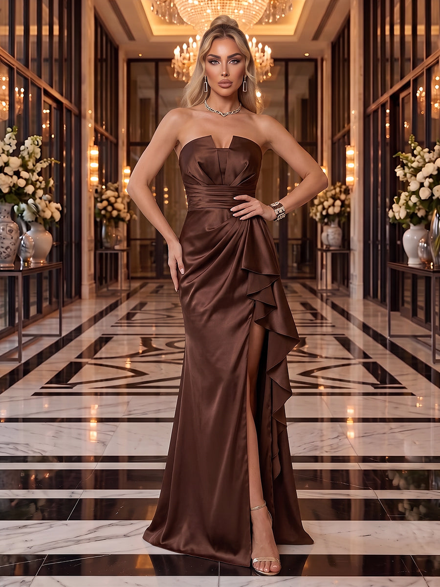 Satin Evening Dresses Sheath/Mermaid Strapless Sleeveless Floor Length Ruffles with Slit for Party