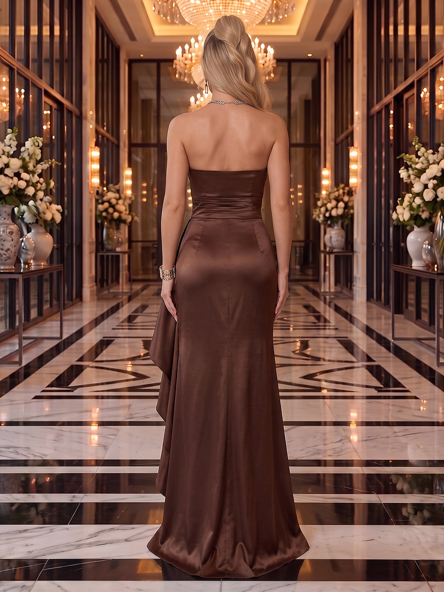 Satin Evening Dresses Sheath/Mermaid Strapless Sleeveless Floor Length Ruffles with Slit for Party