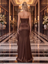 Satin Evening Dresses Sheath/Mermaid Strapless Sleeveless Floor Length Ruffles with Slit for Party