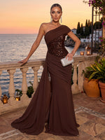 Chiffon Evening Dresses Mermaid/Sheath One Shoulder Sleeveless Floor Length Ruched for Gala