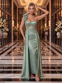 3D Flowers Sequin Evening Dresses Sheath One Shoulder Sleeveless Floor Length with Train Gala Prom Dresses