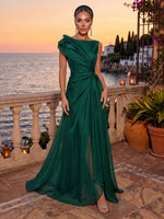Organza Evening Dresses A Line Asymmetric Sleeveless Floor Length Ruched Formal Dresses
