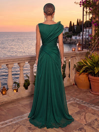Organza Evening Dresses A Line Asymmetric Sleeveless Floor Length Ruched Formal Dresses