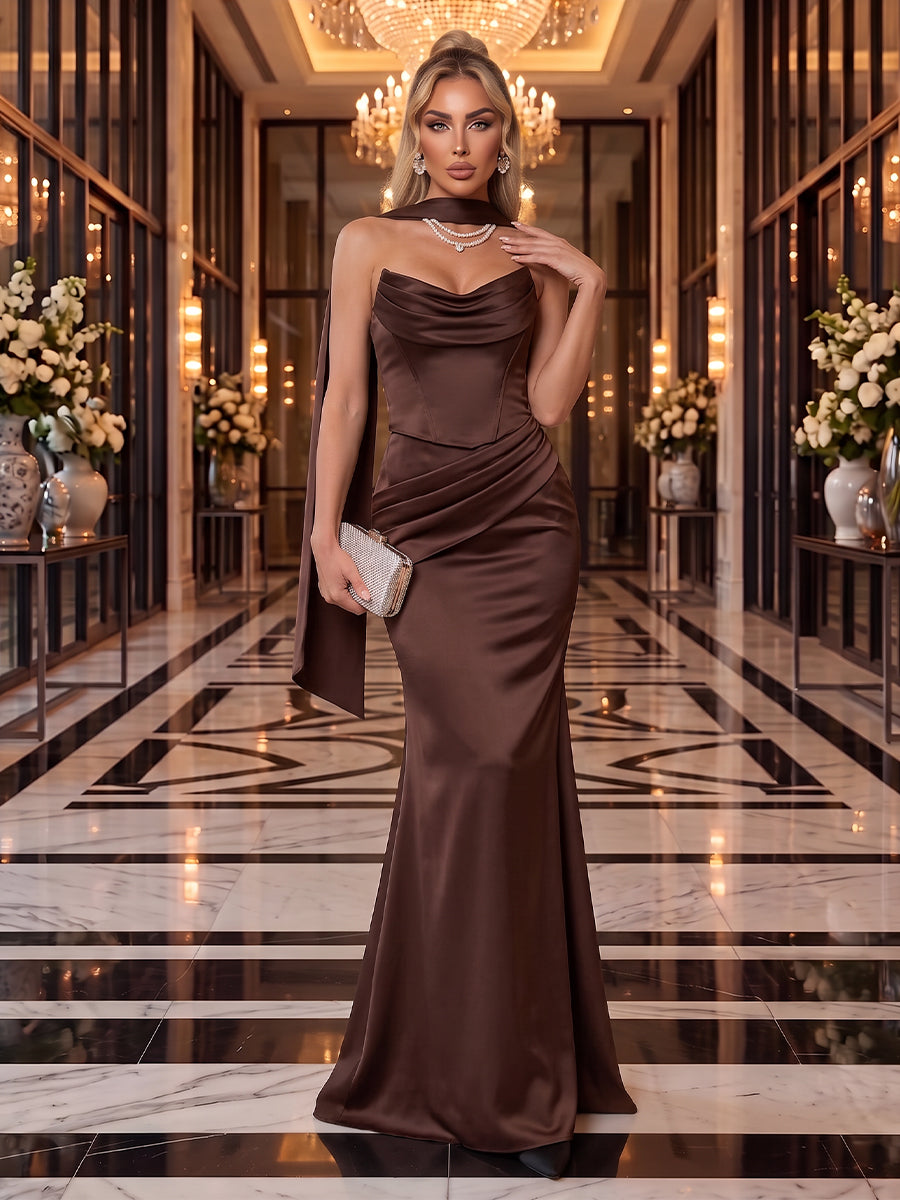 Satin Evening Dresses Sheath/Mermaid Strapless Sleeveless Floor Length Ruched for Formal Gala
