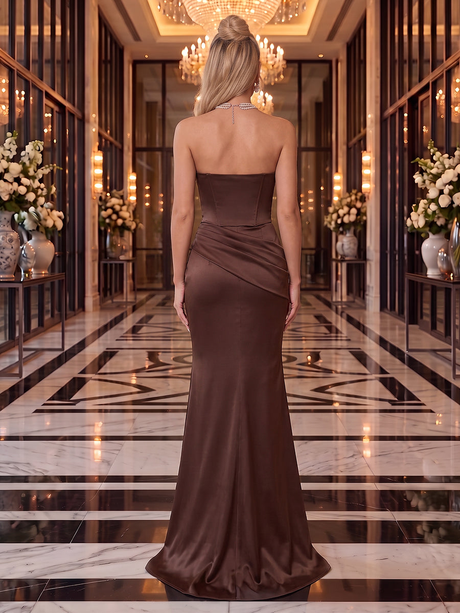 Satin Evening Dresses Sheath/Mermaid Strapless Sleeveless Floor Length Ruched for Formal Gala